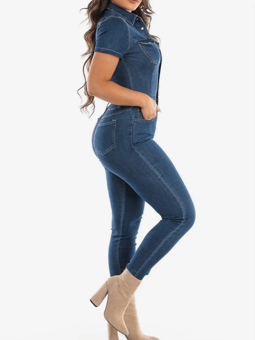 Combinaison en jean délavé coupe slim pour femme - Combinaison moulante sexy bleu foncé à manches courtes et boutons - Style streetwear décontracté été 2026