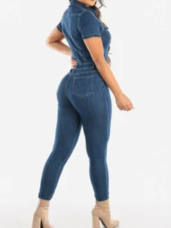 Combinaison en jean délavé coupe slim pour femme - Combinaison moulante sexy bleu foncé à manches courtes et boutons - Style streetwear décontracté été 2026