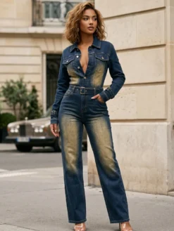 Combinaison en jean délavé pour femme - Combinaison cargo vintage bleu foncé à manches longues et ceinture - Collection printemps 2026