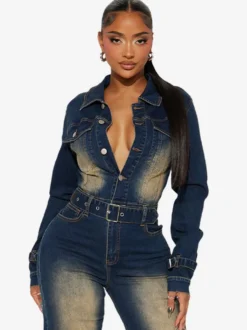 Combinaison en jean délavé pour femme - Combinaison cargo vintage bleu foncé à manches longues et ceinture - Collection printemps 2026