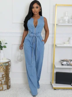 Combinaison en jean délavé zippée pour femme - Bleu clair décontractée ceinture jambes larges - Style streetwear été 2026