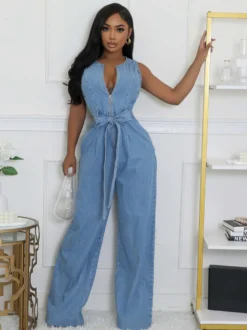Combinaison en jean délavé zippée pour femme - Bleu clair décontractée ceinture jambes larges - Style streetwear été 2026