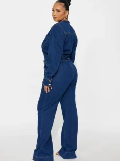 Combinaison en jean à manches bouffantes pour femme - Combinaison bleu foncé rétro à jambes larges et ceinture boutonnée sur le devant - Tenue décontractée de printemps 2026
