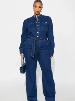 Combinaison en jean à manches bouffantes pour femme - Combinaison bleu foncé rétro à jambes larges et ceinture boutonnée sur le devant - Tenue décontractée de printemps 2026