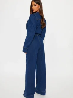 Combinaison en jean à manches bouffantes pour femme - Combinaison bleu foncé rétro à jambes larges et ceinture boutonnée sur le devant - Tenue décontractée de printemps 2026