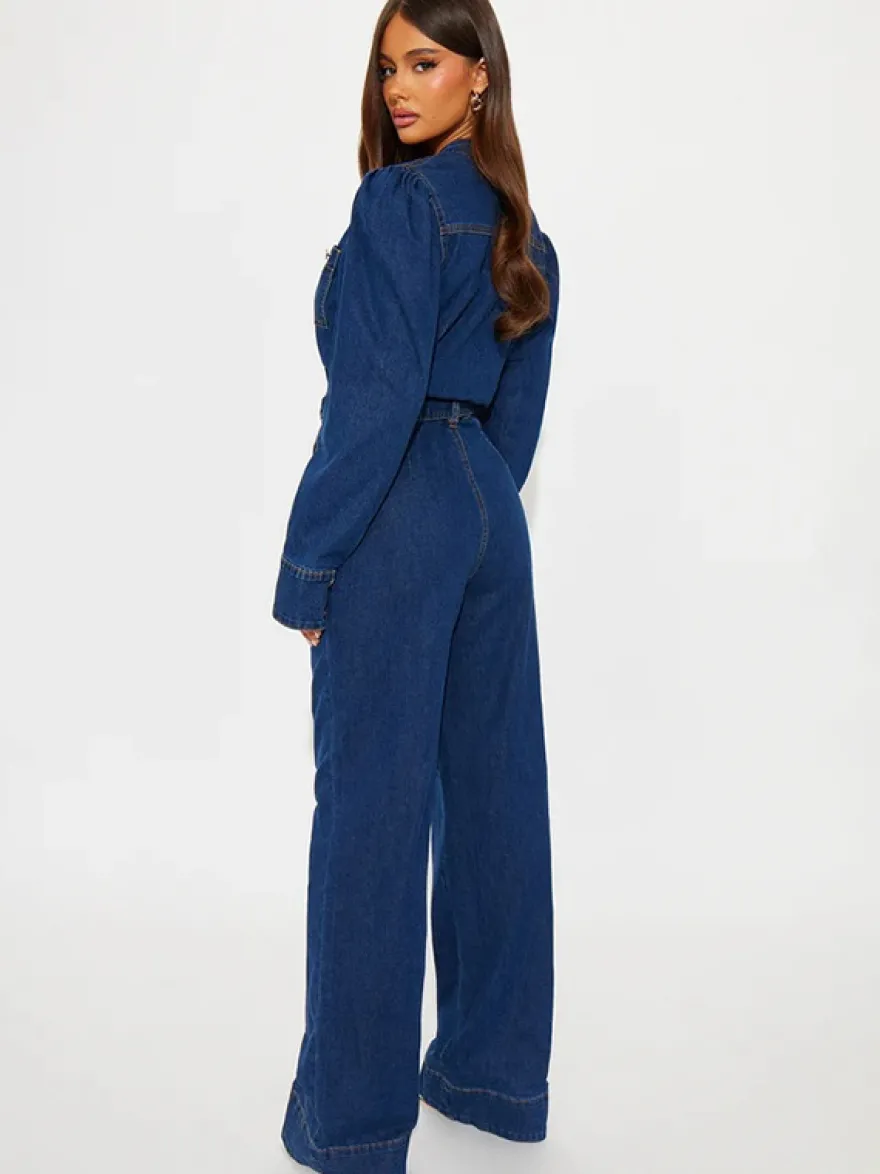 Combinaison en jean à manches bouffantes pour femme - Combinaison bleu foncé rétro à jambes larges et ceinture boutonnée sur le devant - Tenue décontractée de printemps 2026