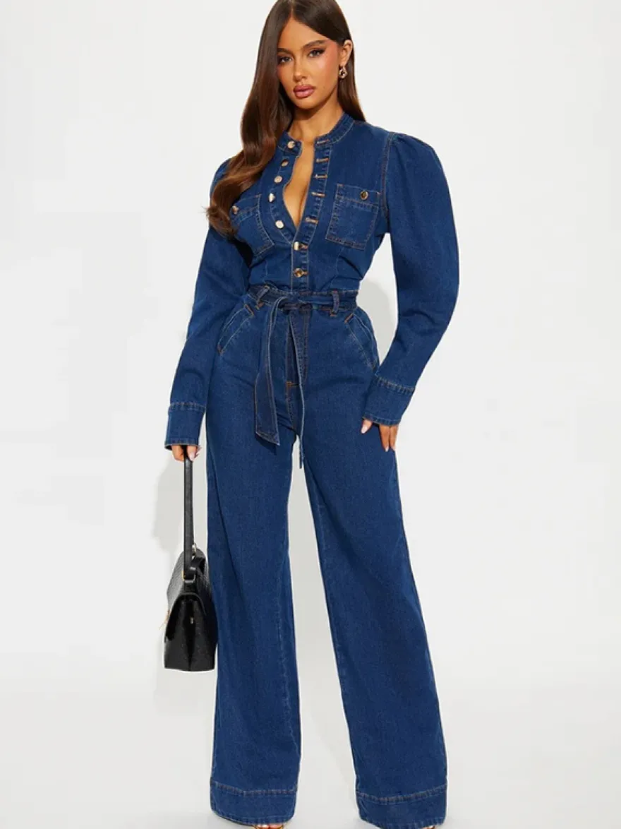 Combinaison en jean à manches bouffantes pour femme - Combinaison bleu foncé rétro à jambes larges et ceinture boutonnée sur le devant - Tenue décontractée de printemps 2026