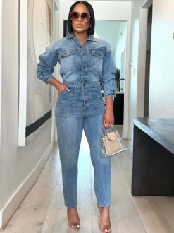 Combinaison en jean à manches longues pour femme - Salopette crayon bleu délavé à taille élastique - Collection printemps-été 2026