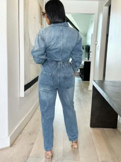 Combinaison en jean à manches longues pour femme - Salopette crayon bleu délavé à taille élastique - Collection printemps-été 2026