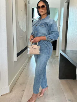 Combinaison en jean à manches longues pour femme - Salopette crayon bleu délavé à taille élastique - Collection printemps-été 2026