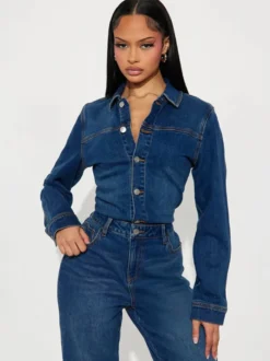 Combinaison en jean à manches longues pour femme - Délavage foncé vintage coupe slim jambes droites fermeture boutonnée - Printemps/Été 2026