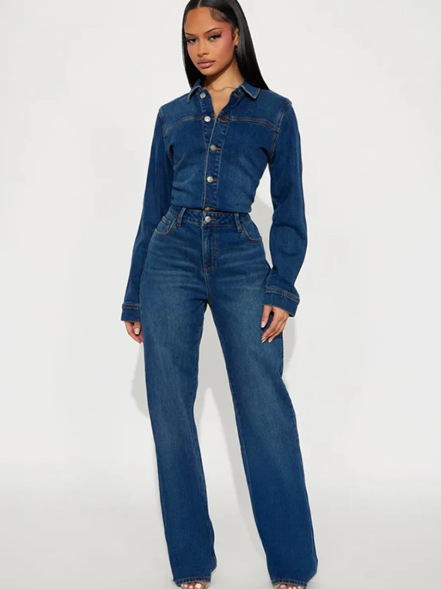 Combinaison en jean à manches longues pour femme - Délavage foncé vintage coupe slim jambes droites fermeture boutonnée - Printemps/Été 2026