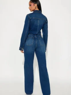 Combinaison en jean à manches longues pour femme - Délavage foncé vintage coupe slim jambes droites fermeture boutonnée - Printemps/Été 2026