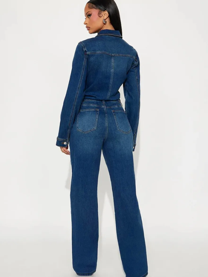 Combinaison en jean à manches longues pour femme - Délavage foncé vintage coupe slim jambes droites fermeture boutonnée - Printemps/Été 2026