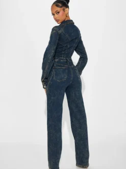 Combinaison en jean à manches longues pour femme - Combinaison moulante vintage à jambes larges et boutons - Collection printemps streetwear 2026