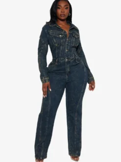 Combinaison en jean à manches longues pour femme - Combinaison moulante vintage à jambes larges et boutons - Collection printemps streetwear 2026