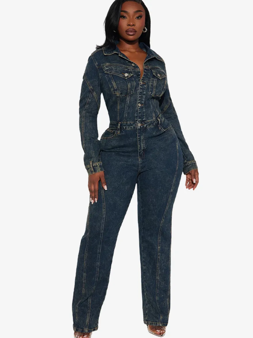 Combinaison en jean à manches longues pour femme - Combinaison moulante vintage à jambes larges et boutons - Collection printemps streetwear 2026