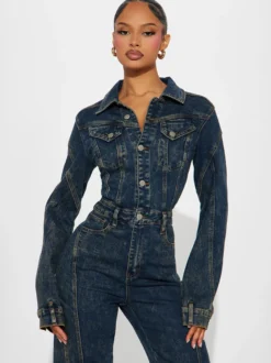 Combinaison en jean à manches longues pour femme - Combinaison moulante vintage à jambes larges et boutons - Collection printemps streetwear 2026