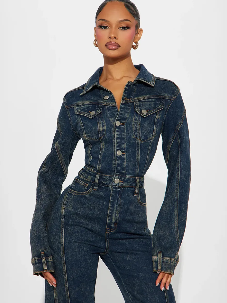 Combinaison en jean à manches longues pour femme - Combinaison moulante vintage à jambes larges et boutons - Collection printemps streetwear 2026