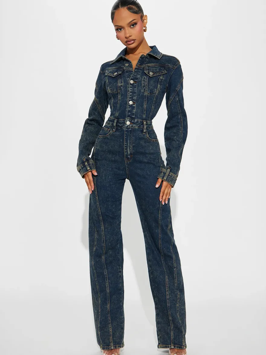 Combinaison en jean à manches longues pour femme - Combinaison moulante vintage à jambes larges et boutons - Collection printemps streetwear 2026