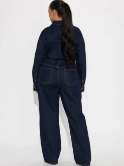 Combinaison en jean à manches longues pour femme - Combinaison une pièce bleue à boutons et jambes droites - Style streetwear décontracté printemps 2026