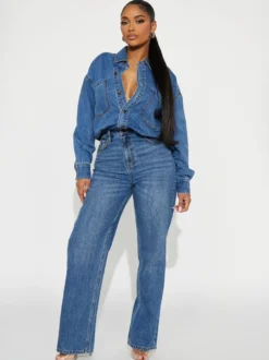 Combinaison en jean à manches longues pour femme - Combinaison une pièce bleue à boutons et jambes droites - Style streetwear décontracté printemps 2026