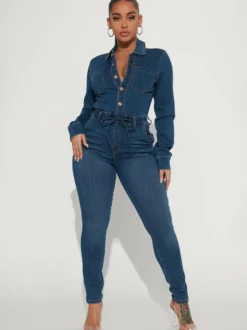 Combinaison en jean skinny pour femme - Délavage foncé sexy moulante taille à cordon coupe slim - Collection printemps décontractée 2026