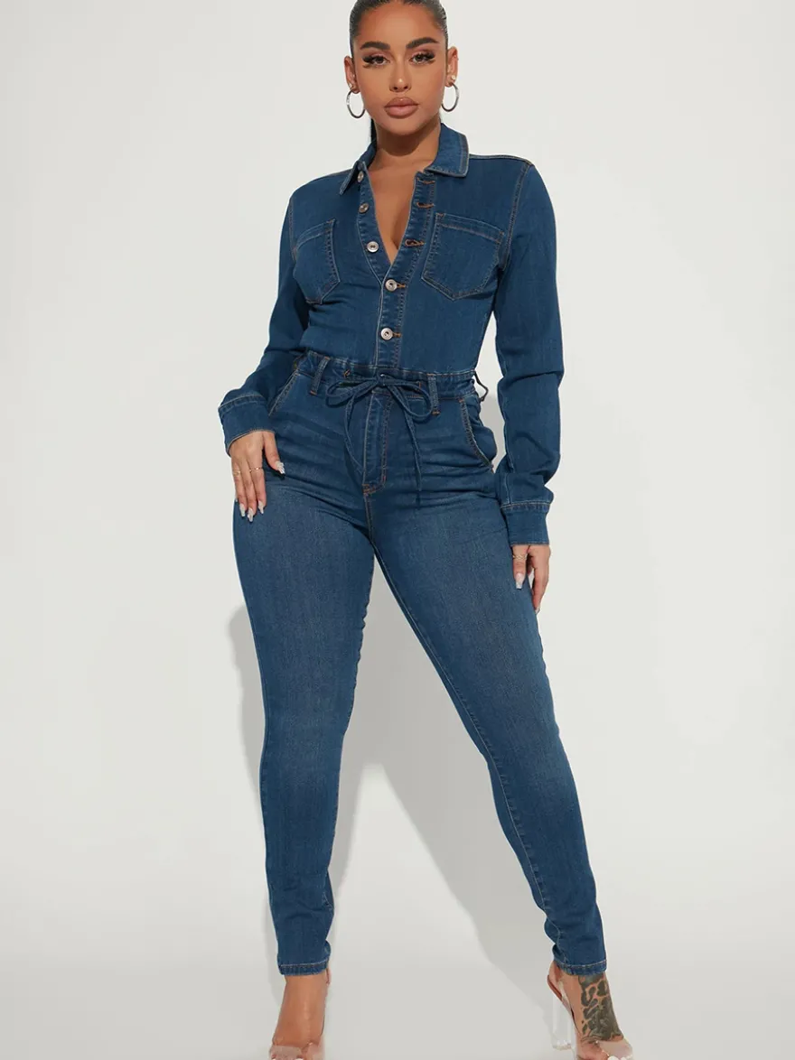 Combinaison en jean skinny pour femme - Délavage foncé sexy moulante taille à cordon coupe slim - Collection printemps décontractée 2026