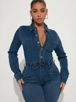 Combinaison en jean skinny pour femme - Délavage foncé sexy moulante taille à cordon coupe slim - Collection printemps décontractée 2026