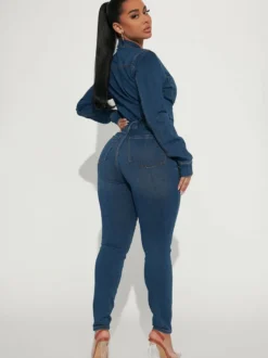 Combinaison en jean skinny pour femme - Délavage foncé sexy moulante taille à cordon coupe slim - Collection printemps décontractée 2026