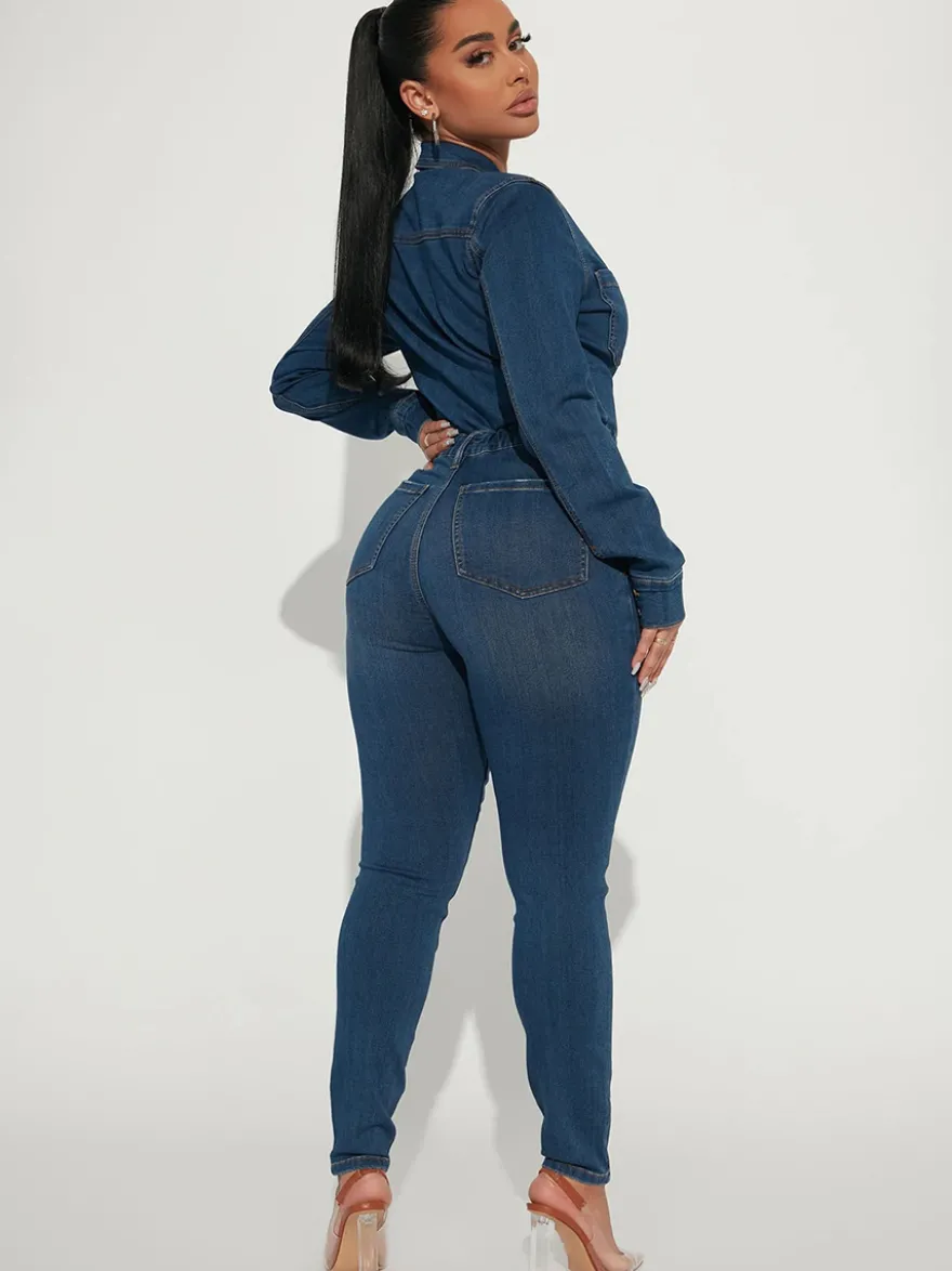 Combinaison en jean skinny pour femme - Délavage foncé sexy moulante taille à cordon coupe slim - Collection printemps décontractée 2026