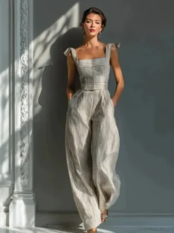 Combinaison en lin beige à rayures col carré bretelles à nouer jambes larges tenue décontractée pour femme