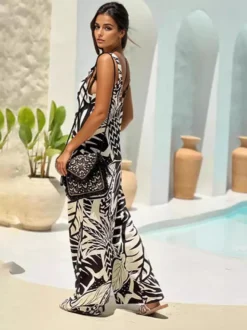 Combinaison à imprimé tropical sans manches à jambes larges pour femme tenue d'été 2026