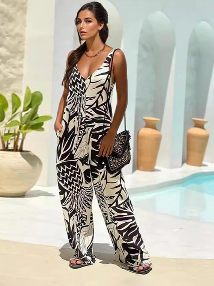 Combinaison à imprimé tropical sans manches à jambes larges pour femme tenue d'été 2026