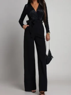 Combinaison élégante à jambes larges pour femme - Combinaison noire à manches longues col en V géométrique et ceinture - Soirée de printemps 2026