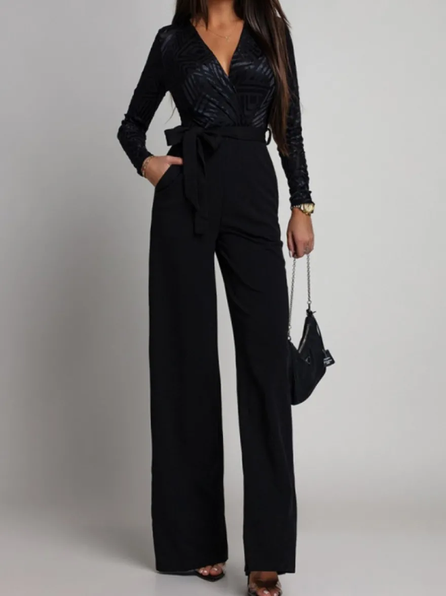 Combinaison élégante à jambes larges pour femme - Combinaison noire à manches longues col en V géométrique et ceinture - Soirée de printemps 2026