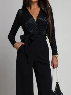 Combinaison élégante à jambes larges pour femme - Combinaison noire à manches longues col en V géométrique et ceinture - Soirée de printemps 2026