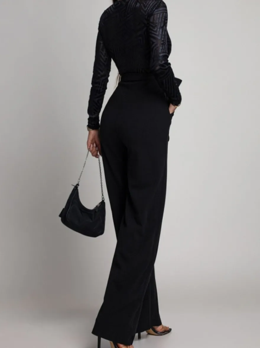 Combinaison élégante à jambes larges pour femme - Combinaison noire à manches longues col en V géométrique et ceinture - Soirée de printemps 2026