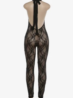 Combinaison moulante de soirée à col montant en dentelle florale transparente pour femme
