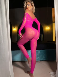 Combinaison moulante en dentelle florale à épaules dénudées manches longues découpe anneau body en résille transparente
