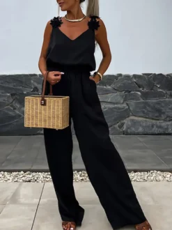 Combinaison olive à col V sans manches et fines bretelles en polyester coupe droite tenue d'été une pièce