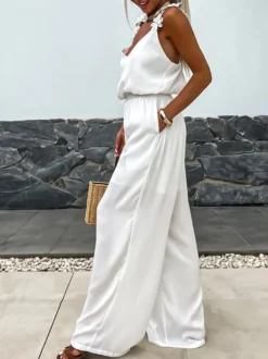 Combinaison olive à col V sans manches et fines bretelles en polyester coupe droite tenue d'été une pièce