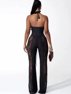 Combinaison-pantalon à col en V profond dos nu corset lacé patchwork de dentelle pour femme 2026