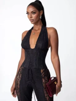 Combinaison-pantalon à col en V profond dos nu corset lacé patchwork de dentelle pour femme 2026