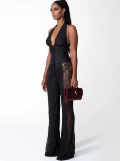 Combinaison-pantalon à col en V profond dos nu corset lacé patchwork de dentelle pour femme 2026