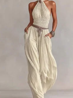 Combinaison-pantalon dos nu à smocks et jambes larges froncée et texturée style vacances décontractée avec poches