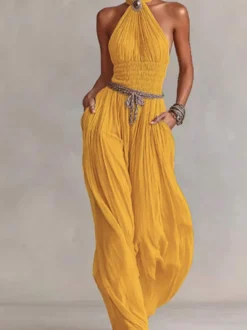 Combinaison-pantalon dos nu à smocks et jambes larges froncée et texturée style vacances décontractée avec poches