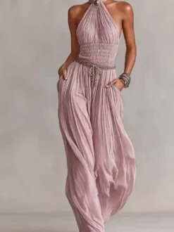Combinaison-pantalon dos nu à smocks et jambes larges froncée et texturée style vacances décontractée avec poches