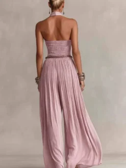 Combinaison-pantalon dos nu à smocks et jambes larges froncée et texturée style vacances décontractée avec poches