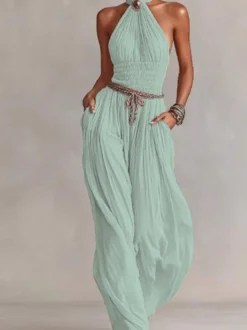 Combinaison-pantalon dos nu à smocks et jambes larges froncée et texturée style vacances décontractée avec poches